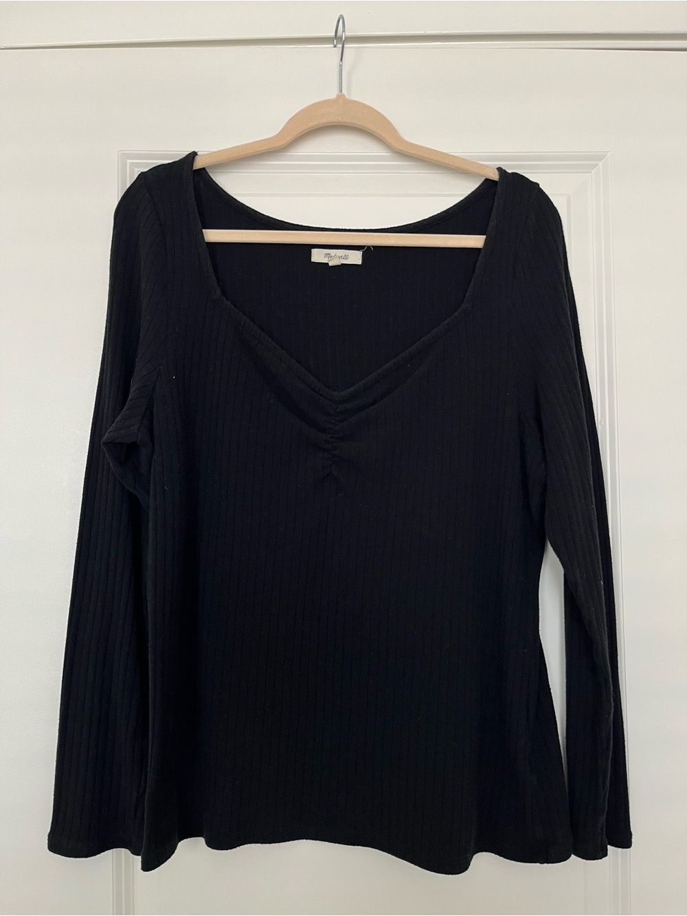 Madewell Black Ribbed V-Neck Long Sleeve Top
